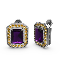 Esinti Dikdörtgen Küpe - Ametist ve sitrin 14 ayar beyaz altın küpe #qs3d16