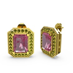 Pembe kuvars ve peridot 14 ayar altın küpe