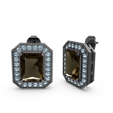 Esinti Dikdörtgen Küpe - Dumanlı kuvars ve akuamarin 925 ayar siyah rodyum kaplama gümüş küpe #rh22s8