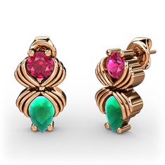 Kök zümrüt ve rodolit garnet 8 ayar rose altın küpe