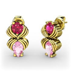 Pembe kuvars ve rodolit garnet 18 ayar altın küpe