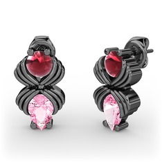 Admina Küpe - Pembe kuvars ve kök yakut 925 ayar siyah rodyum kaplama gümüş küpe #1mk3un4