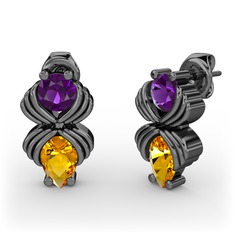 Admina Küpe - Sitrin ve ametist 925 ayar siyah rodyum kaplama gümüş küpe #3ax6ao