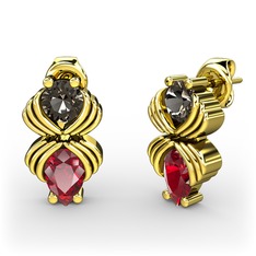 Garnet ve dumanlı kuvars 18 ayar altın küpe