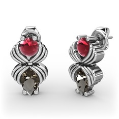 Dumanlı kuvars ve kök yakut 8 ayar beyaz altın küpe