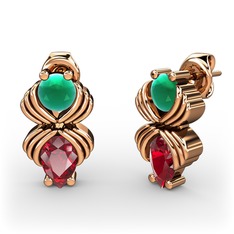 Garnet ve kök zümrüt 8 ayar rose altın küpe