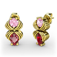 Garnet ve pembe kuvars 18 ayar altın küpe