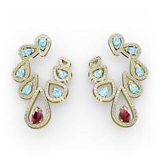 Ladonna Küpe - Kök yakut, akuamarin ve swarovski 18 ayar altın küpe #1009p8q