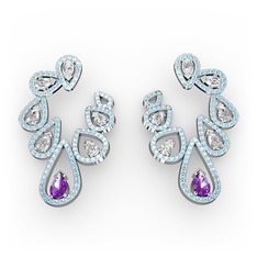 Ametist, beyaz zirkon ve akuamarin 8 ayar beyaz altın küpe