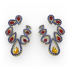 Sitrin, garnet ve lab safir 18 ayar altın küpe