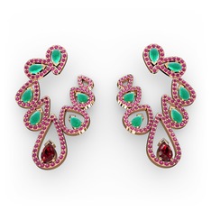 Garnet, kök zümrüt ve rodolit garnet 14 ayar rose altın küpe