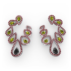 Siyah zirkon, peridot ve garnet 14 ayar beyaz altın küpe