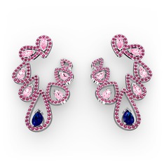 Lab safir, pembe kuvars ve rodolit garnet 14 ayar beyaz altın küpe