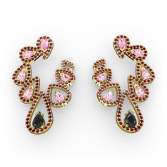 Siyah zirkon, pembe kuvars ve garnet 8 ayar altın küpe