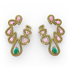 Kök zümrüt, pembe kuvars ve peridot 8 ayar rose altın küpe