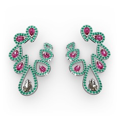 Ladonna Küpe - Dumanlı kuvars, rodolit garnet ve yeşil kuvars 14 ayar beyaz altın küpe #14395wy