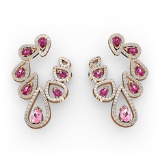 Pembe kuvars, rodolit garnet ve beyaz zirkon 18 ayar rose altın küpe