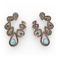 Akuamarin, dumanlı kuvars ve siyah zirkon 18 ayar rose altın küpe