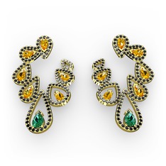 Ladonna Küpe - Yeşil kuvars, sitrin ve siyah zirkon 18 ayar altın küpe #15cecy9