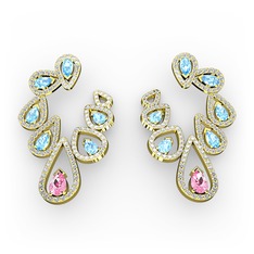Pembe kuvars, akuamarin ve swarovski 8 ayar altın küpe