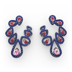 Ladonna Küpe - Pembe kuvars, kök yakut ve lab safir 925 ayar siyah rodyum kaplama gümüş küpe #15tcxyc