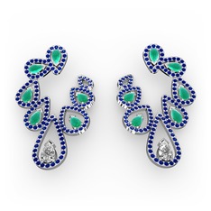 Swarovski, kök zümrüt ve lab safir 8 ayar beyaz altın küpe