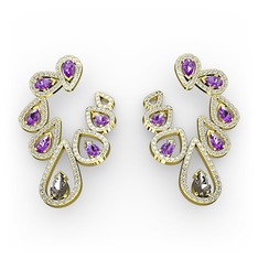 Dumanlı kuvars, ametist ve swarovski 8 ayar altın küpe