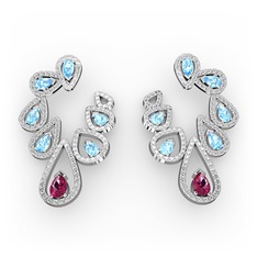 Rodolit garnet, akuamarin ve beyaz zirkon 925 ayar gümüş küpe