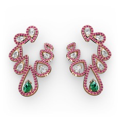 Yeşil kuvars, beyaz zirkon ve rodolit garnet 14 ayar rose altın küpe