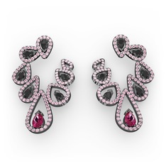 Rodolit garnet, siyah zirkon ve pembe kuvars 925 ayar siyah rodyum kaplama gümüş küpe