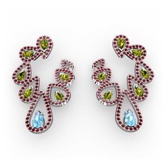Akuamarin, peridot ve garnet 8 ayar beyaz altın küpe