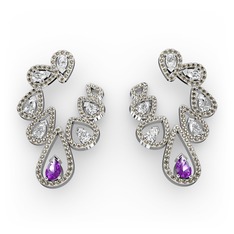 Ametist, swarovski ve dumanlı kuvars 14 ayar beyaz altın küpe