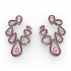 Ladonna Küpe - Pembe kuvars, beyaz zirkon ve garnet 18 ayar beyaz altın küpe #1bmb0h0