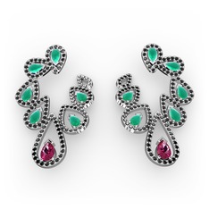 Ladonna Küpe - Rodolit garnet, kök zümrüt ve siyah zirkon 14 ayar beyaz altın küpe #1c20q1v