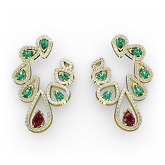 Garnet, yeşil kuvars ve beyaz zirkon 18 ayar altın küpe