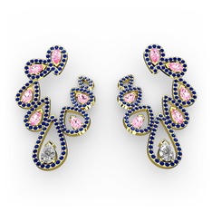 Swarovski, pembe kuvars ve lab safir 18 ayar altın küpe