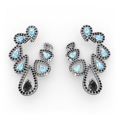 Siyah zirkon ve akuamarin 8 ayar beyaz altın küpe