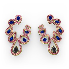 Siyah zirkon, lab safir ve rodolit garnet 8 ayar altın küpe