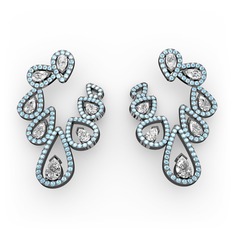 Beyaz zirkon, swarovski ve akuamarin 925 ayar siyah rodyum kaplama gümüş küpe