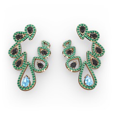 Akuamarin, siyah zirkon ve yeşil kuvars 18 ayar rose altın küpe