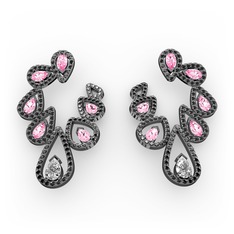 Beyaz zirkon, pembe kuvars ve siyah zirkon 925 ayar siyah rodyum kaplama gümüş küpe