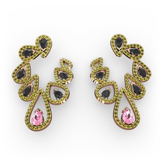 Pembe kuvars, siyah zirkon ve peridot 8 ayar rose altın küpe