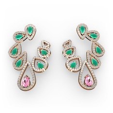 Ladonna Küpe - Pembe kuvars, kök zümrüt ve pırlanta 18 ayar rose altın küpe (2.882 karat) #1g53sfo