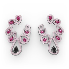 Siyah zirkon, rodolit garnet ve pembe kuvars 18 ayar beyaz altın küpe