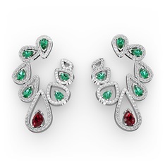 Garnet, yeşil kuvars ve pırlanta 8 ayar beyaz altın küpe (2.882 karat)