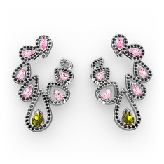 Peridot, pembe kuvars ve siyah zirkon 925 ayar gümüş küpe