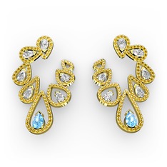 Akuamarin, beyaz zirkon ve sitrin 14 ayar altın küpe