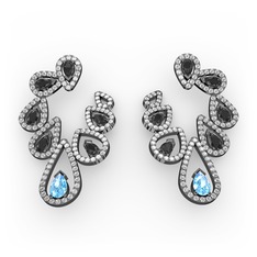 Akuamarin, siyah zirkon ve swarovski 925 ayar siyah rodyum kaplama gümüş küpe