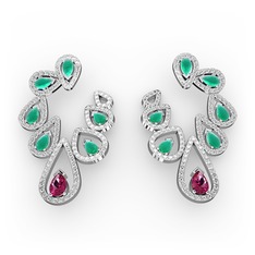 Ladonna Küpe - Rodolit garnet, kök zümrüt ve swarovski 18 ayar beyaz altın küpe #1jid27o