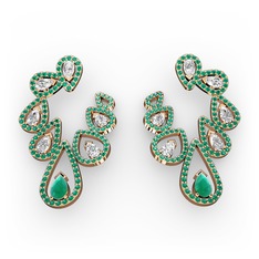 Kök zümrüt, beyaz zirkon ve yeşil kuvars 18 ayar rose altın küpe